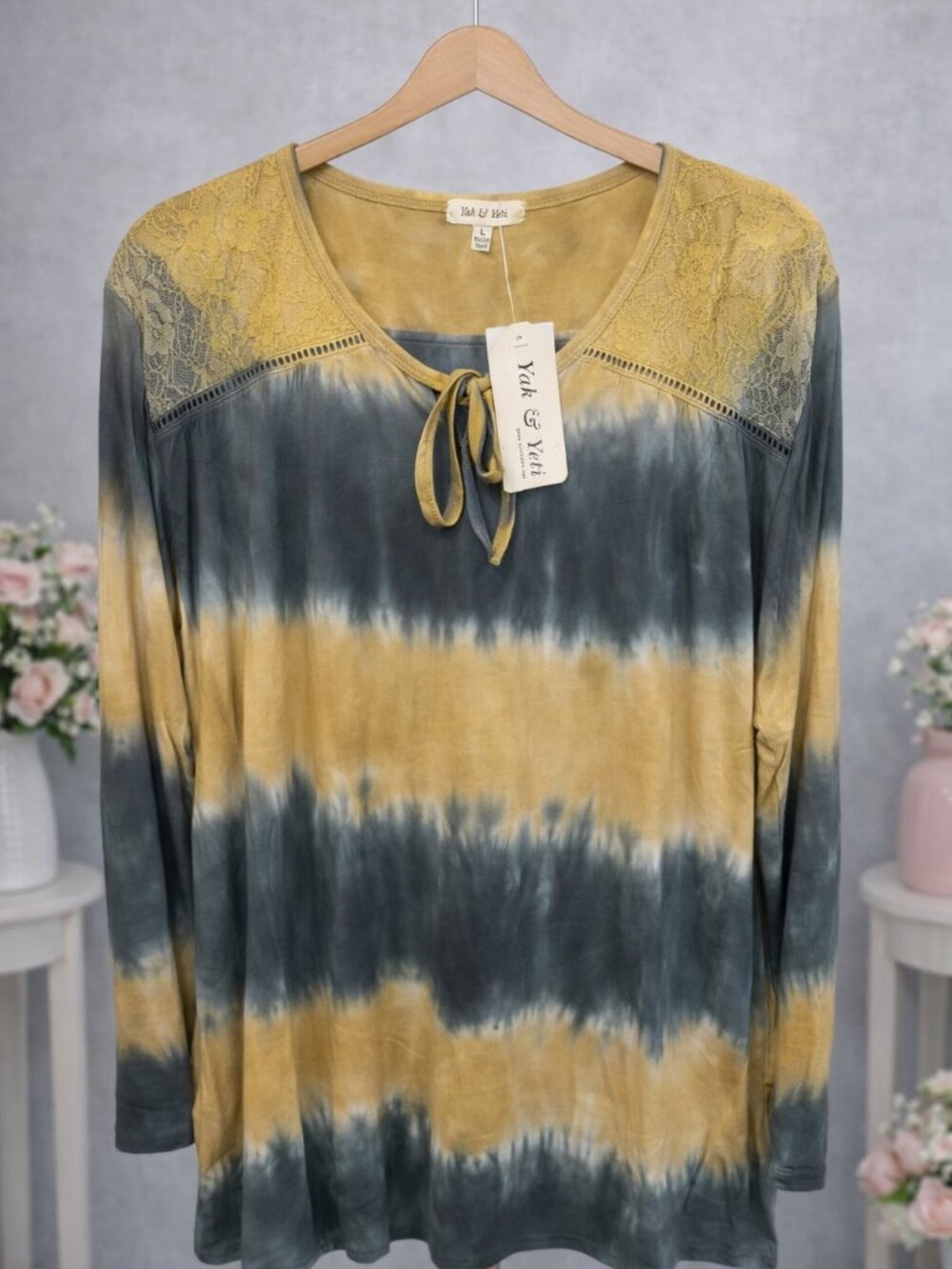 Mustard & Charcoal Tie‑Dye Long Sleeve Top w/ Lace Shoulders – Women’s